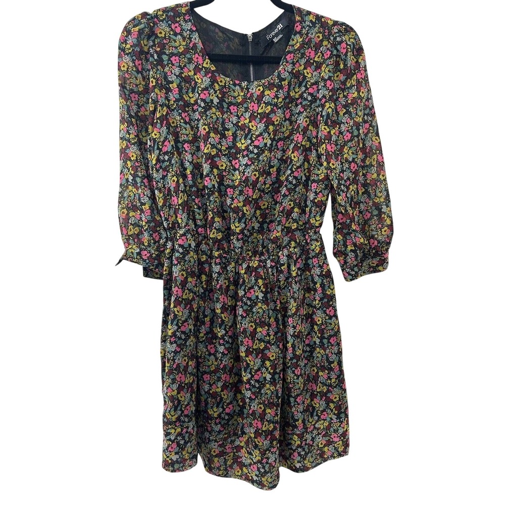 Forever 21 Womens Small Floral Mini Dress 3/4‎ Sleeve Elastic Waist Black Multi